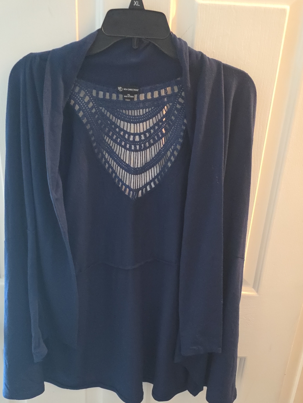 new directions Navy Open-Front Cardigan with Crochet Yoke Top